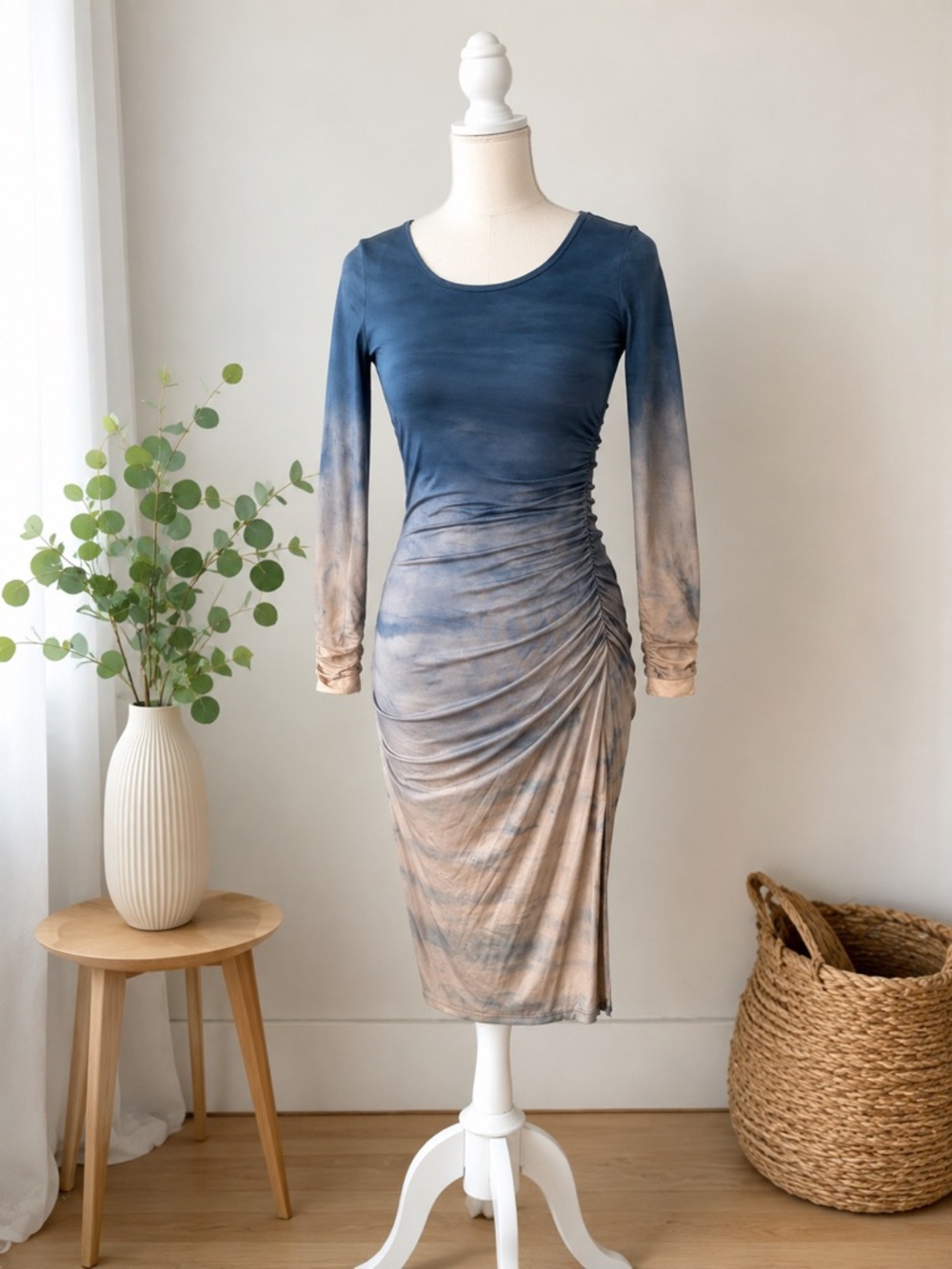 NWT River + Sky Perfect Day Dress Hand Dyed Blue Beige Ruched Modal